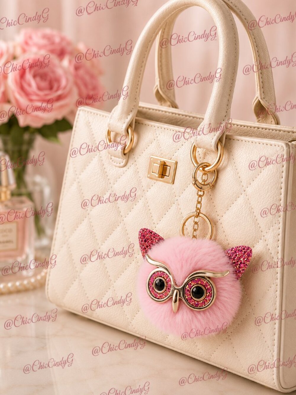 Pink Fluffy Owl Pom Pom Keychain Purse Charm with Sparkly Glasses 🦉 - Picture 4 of 5